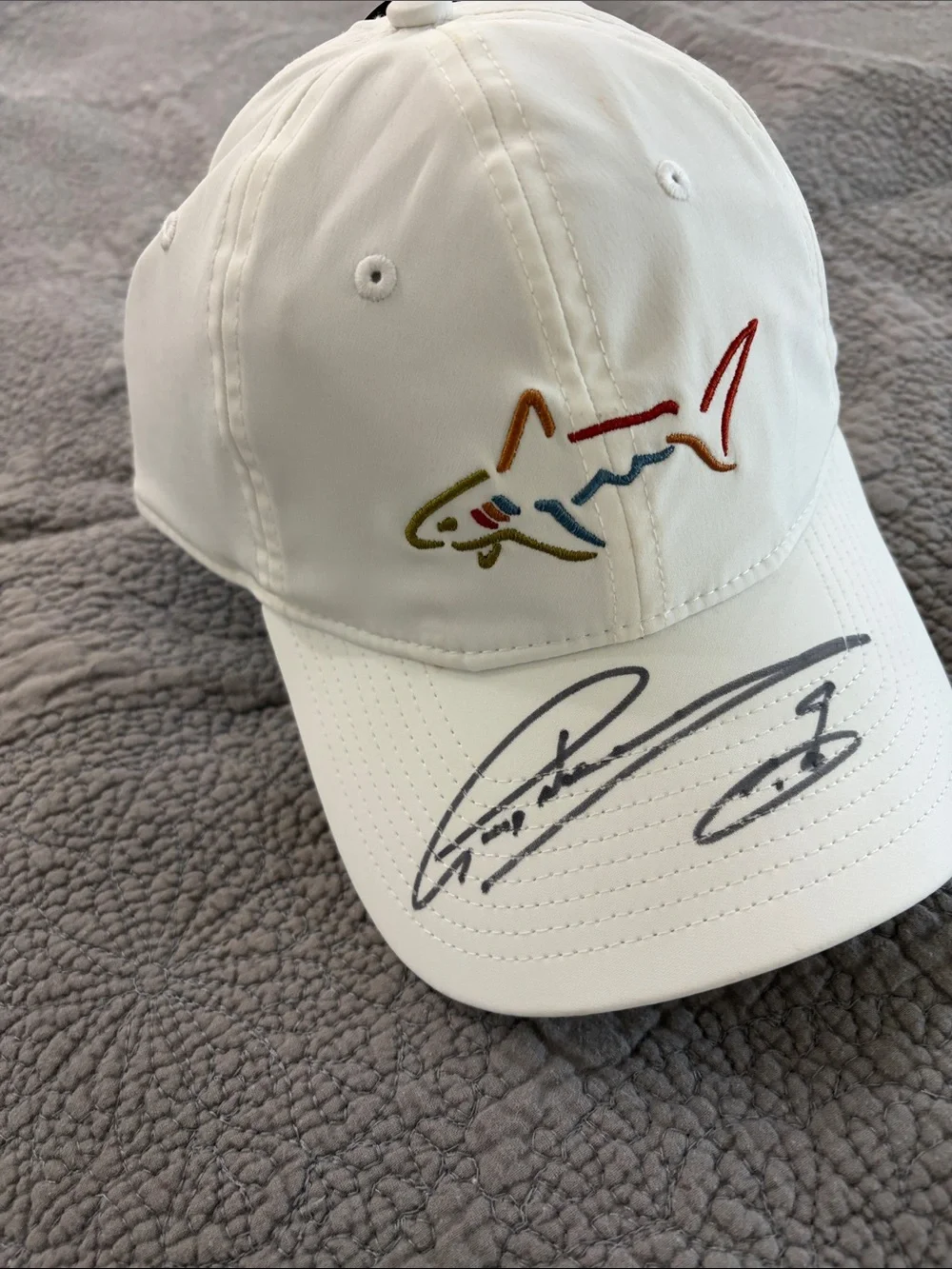 Greg Norman Collection White Men’s Swim Cap with Multicolor Shark Logo